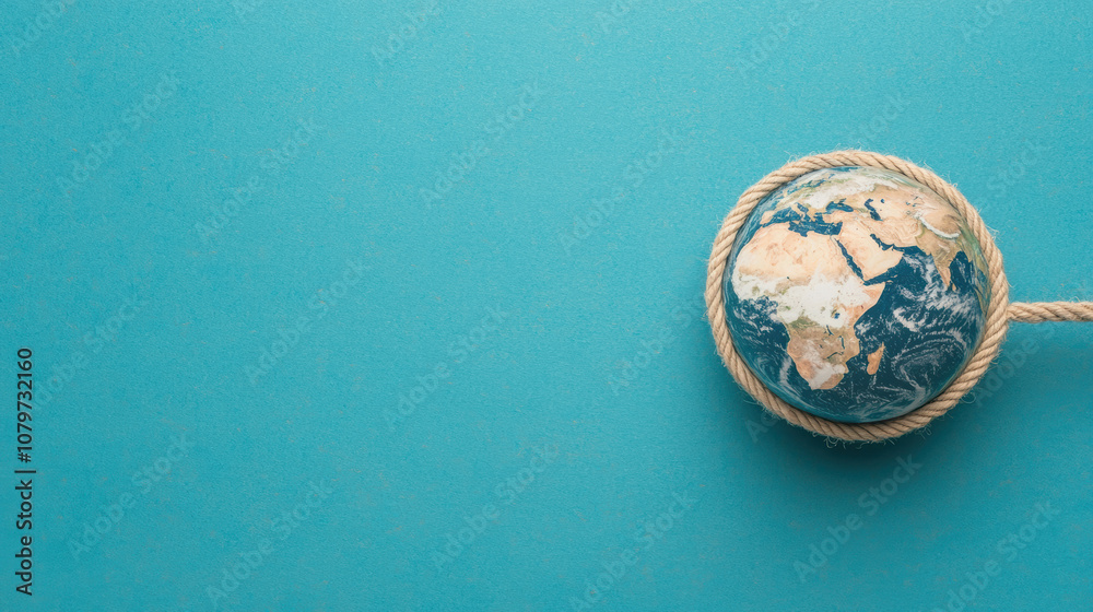 Fototapeta premium Globalization Trade War Concept. A globe resting on a turquoise surface, symbolizing global awareness and environmental themes.