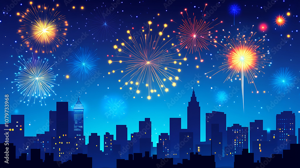 Fototapeta premium Fireworks exploding in the night sky over a cityscape 