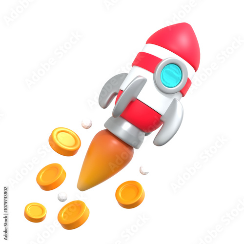 3d business startup illustration with rocket launch and gold coins photo