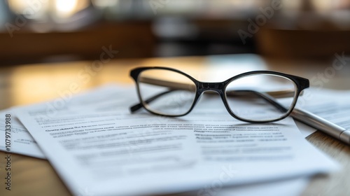 A pair of glasses rests on sheets of documents, suggesting a focus on reading or reviewing important information.