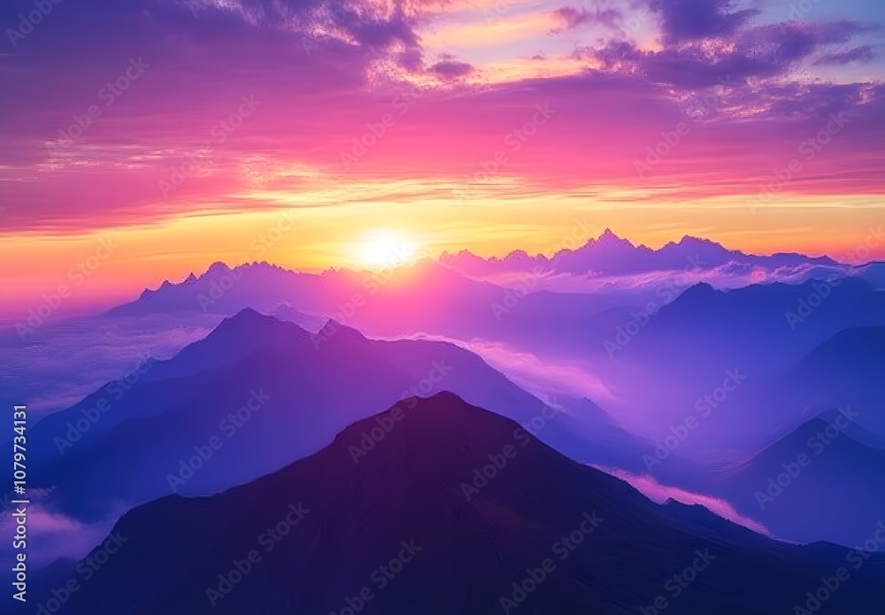 Obraz premium A breathtaking sunrise over the mountains, with vibrant purples and pinks in the sky. The silhouette of majestic peaks is visible 