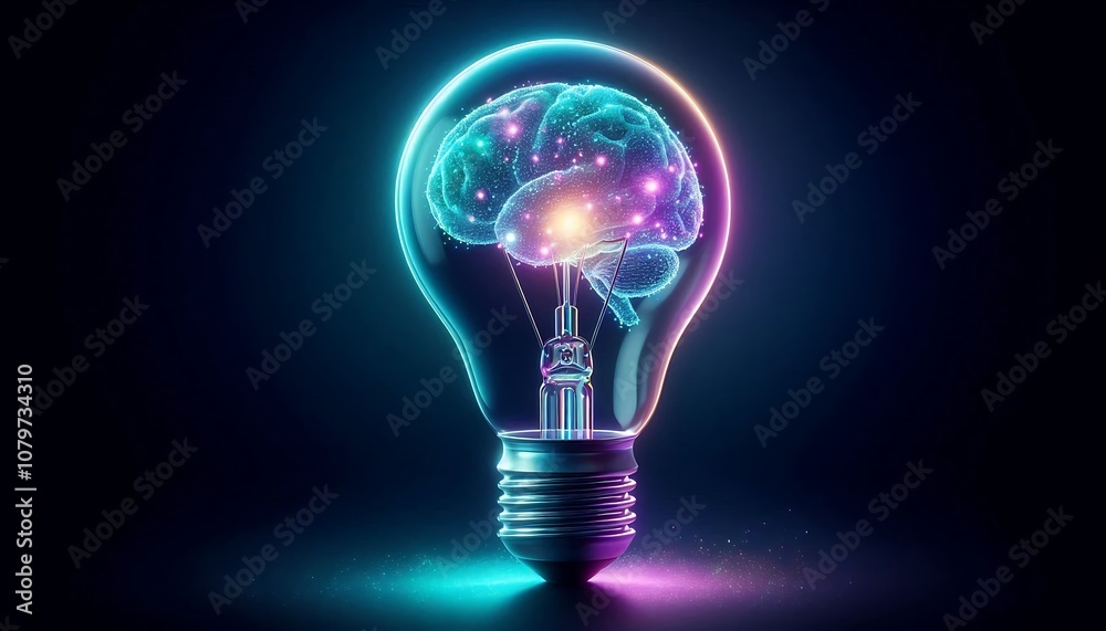 A glowing light bulb with brain as filament symbolizes creativity, innovative ideas and the invention of technology and intelligence, representing the knowledge of human thought and Power of invention A glowing light bulb with brain as filament symbolizes creativity, innovative ideas and the invention of technology and intelligence, representing the knowledge of human thought and Power of invention