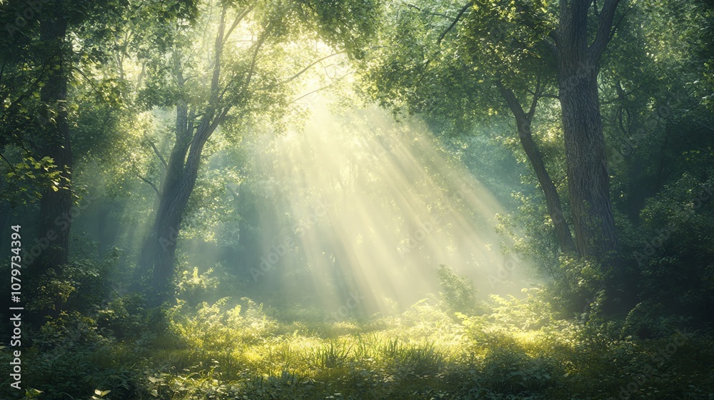 Sun rays shining through the trees in a misty forest. Sun rays shining through the trees in a misty forest.