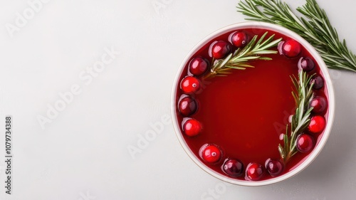 Christmas punch bowl filled with festive red punch, garnished with cranberries and rosemary sprigs Christmas punch, holiday drink