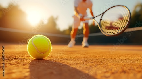Tennis Player Reaching for Intense Backhand with Ball in Motion Bright Sunlit Court