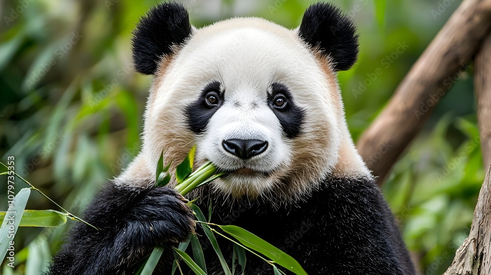 Fototapeta premium Panda Bear Feeding on Bamboo in Modern Glass Enclosure with Neutral Tones