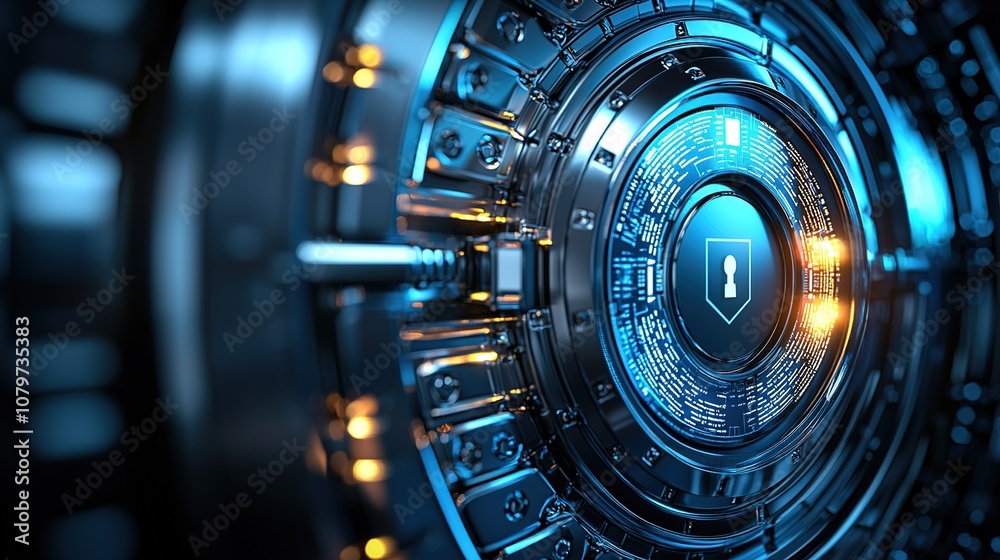 Futuristic digital vault interface with glowing elements, symbolizing security and advanced technology applications