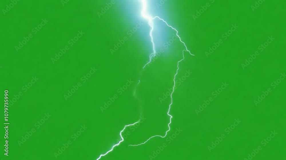 Electric Storm: A dramatic shot of a powerful lightning bolt striking against a vibrant green screen. The bright, white energy of the lightning crackles and surges.