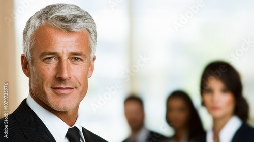 Confident businessman in suit with professional background, exuding leadership and success