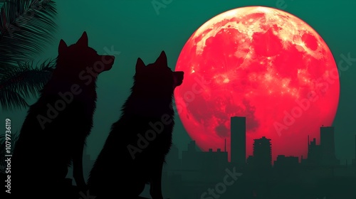 Wolves Howling at Holographic Moon in Futuristic Zoo Habitat with Dramatic Lighting