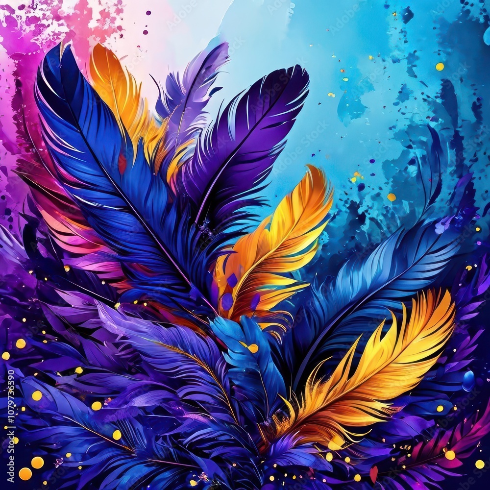 Obraz premium Feathers in bright purple, blue and gold colors on a dark background