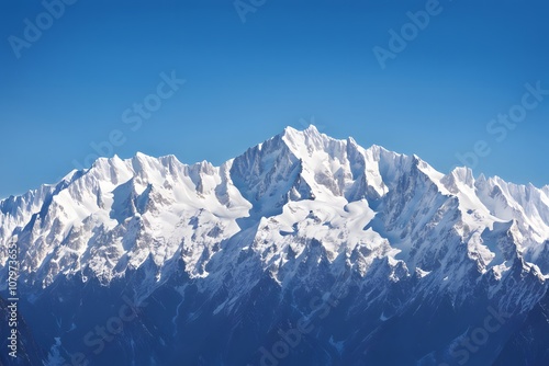 Snow capped mountain range with a bright blue sky clear weather, Ai Generated photo