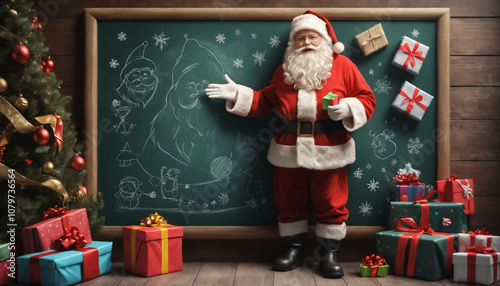  Santa Claus Standing by a School Chalkboard Surrounded by Gift Boxes, Festive and Playful Holiday Scene