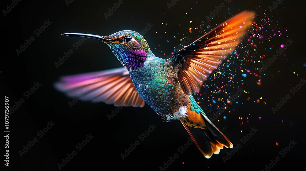 A vibrant hummingbird in flight, surrounded by a burst of colorful confetti. A vibrant hummingbird in flight, surrounded by a burst of colorful confetti.