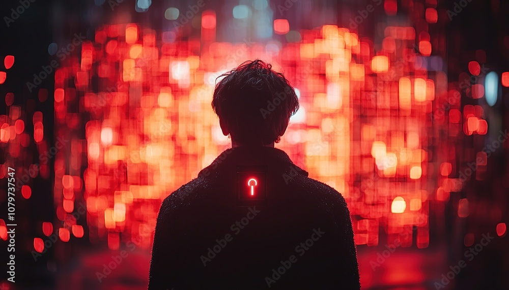 Silhouette of a person standing in front of a digital screen illuminated with red lights, symbolizing technology and data interaction in a cyber environment. Silhouette of a person standing in front of a digital screen illuminated with red lights, symbolizing technology and data interaction in a cyber environment.
