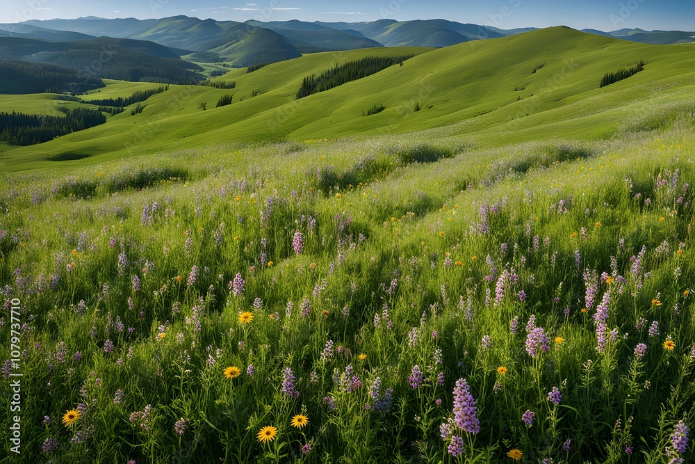Obraz premium Sunny meadow with wildflowers green rolling hills in the distance, Ai Generated