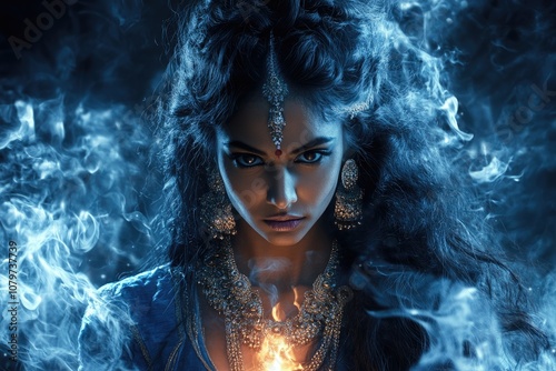 Divine Kali: goddess portrayed with intense grace, majesty, highlighting her significance in mythology as a fierce protector, diment of cosmic energy, symbolizing transformation, destruction. photo