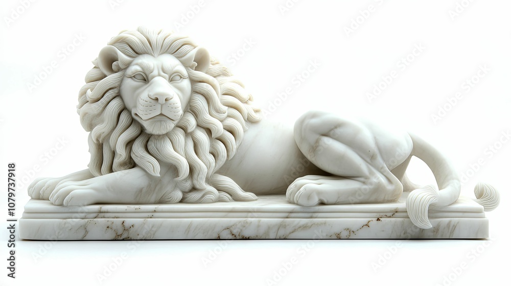 White Marble Sculpture of a Reclining Lion with a Detailed Mane White Marble Sculpture of a Reclining Lion with a Detailed Mane