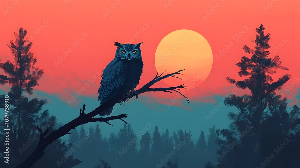 Fototapeta premium Majestic Owl Perched on Branch at Dusk in Softly Lit Forest Landscape