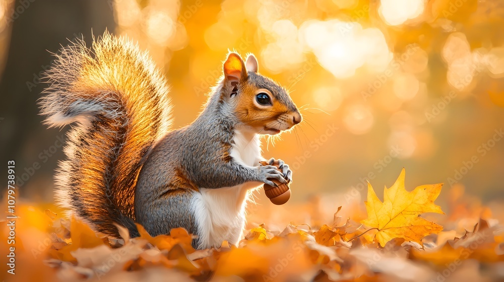 Squirrel Foraging for Acorns Under a Tree with Warm Sunlit Foliage Squirrel Foraging for Acorns Under a Tree with Warm Sunlit Foliage