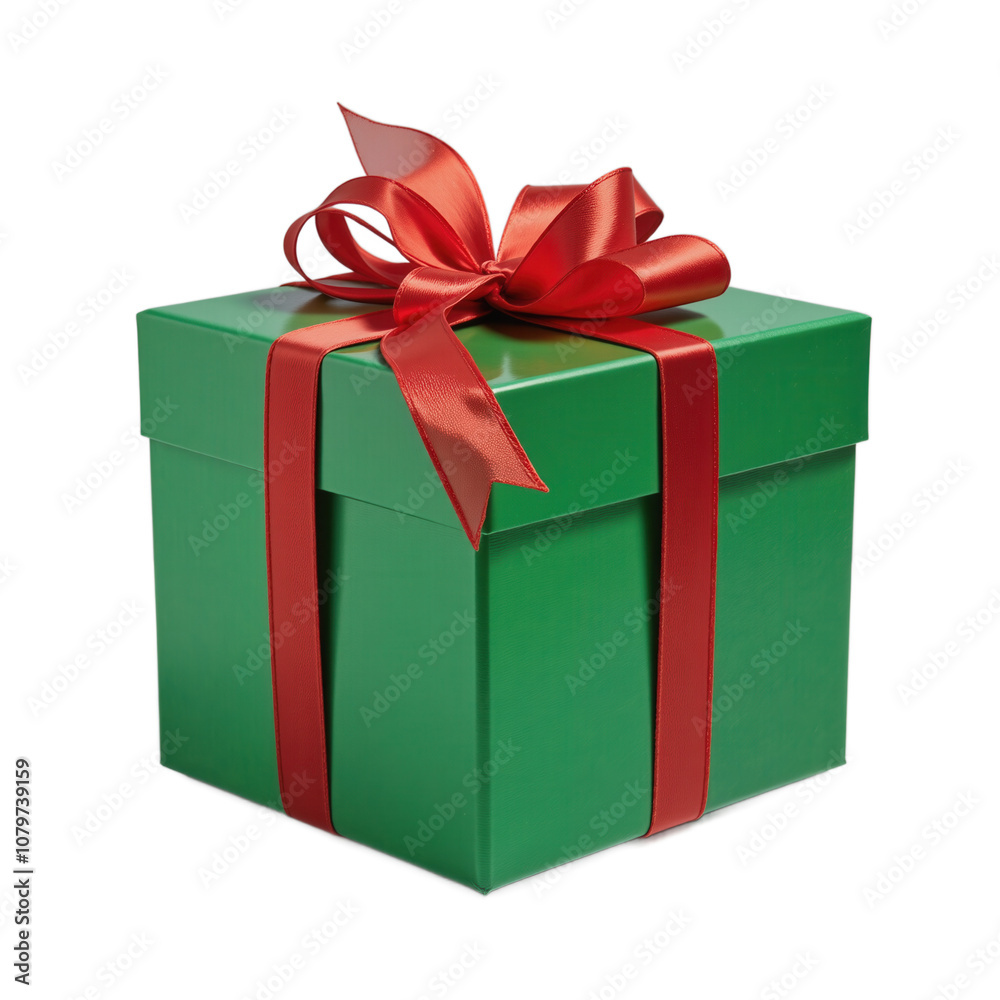 Fototapeta premium Green Gift Box with Red Ribbon, Christmas and Birthday Present Concept.