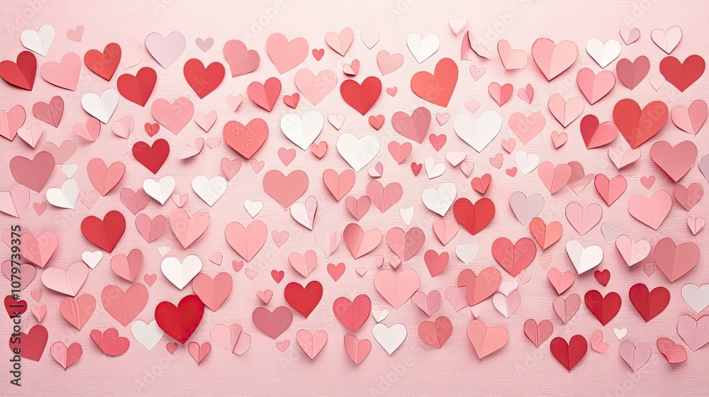 plenty of Paper cutout hearts in shades of pink and soft red on the left side of on a light soft pink background. Concept of love. with generative ai