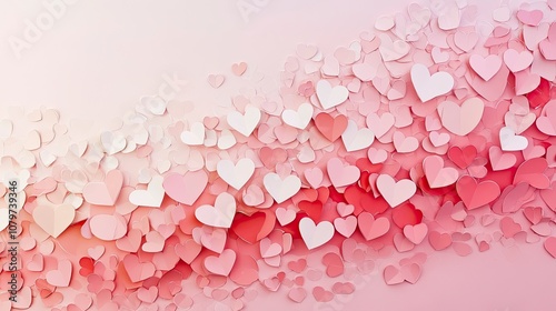 plenty of Paper cutout hearts in shades of pink and soft red on the left side of on a light soft pink background. Concept of love. with generative ai