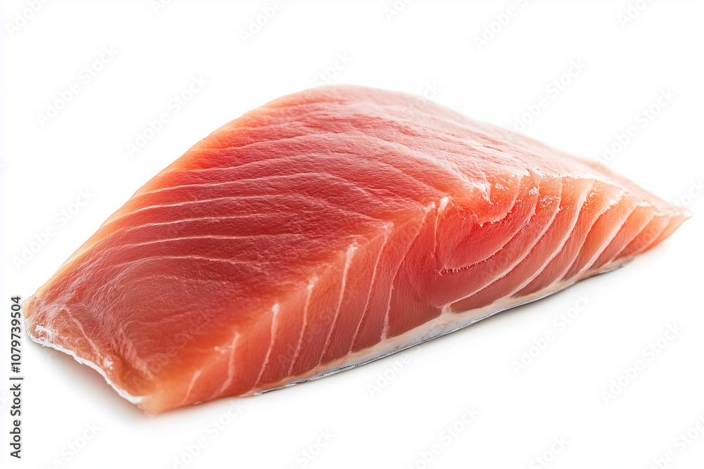 A single piece of fresh raw salmon fillet isolated on a white background, ready for cooking or consumption A single piece of fresh raw salmon fillet isolated on a white background, ready for cooking or consumption