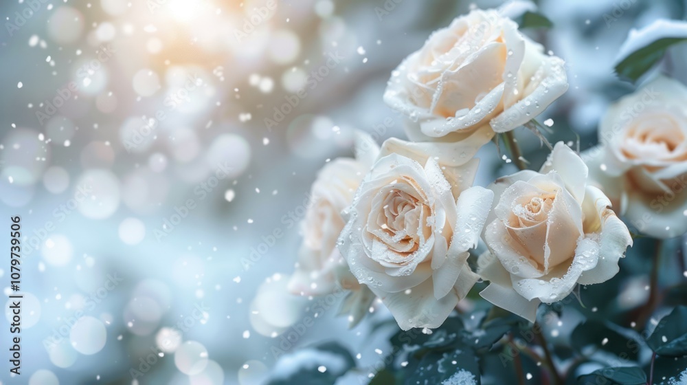 White roses with blurred snowfall background, AI generated image White roses with blurred snowfall background, AI generated image