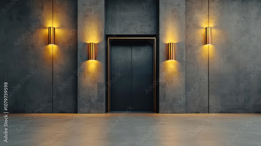 Elevator lobby featuring concrete walls, metal doors, and industrialstyle light fixtures illuminating the space   elevator lobby, concrete and steel