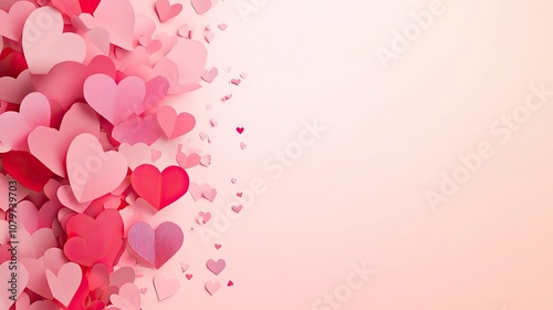 plenty of Paper cutout hearts in shades of pink and soft red on the left side of on a light soft pink background. Concept of love. with generative ai