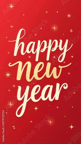 Golden and white text HAPPY NEW YEAR with red background and stars around the shining lettering. Holiday festive vertical banner with handwriting on the bottom, red card with copy space.