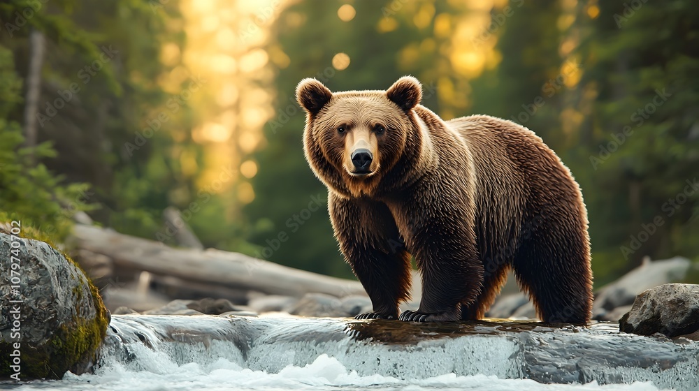 Obraz premium Majestic Bear Beside Captivating Waterfall in Lush Forest Landscape