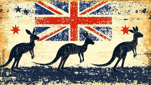 A vintage-style illustration of three kangaroo silhouettes against a background of the Australian flag. The image has a distressed look, with the flag appearing to be printed on a weathered sign. photo