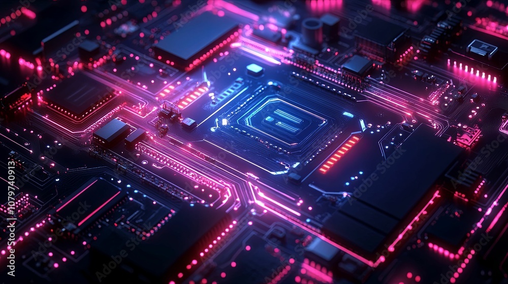A Close-up View of a Futuristic Circuit Board with Glowing Pink and Blue Lines