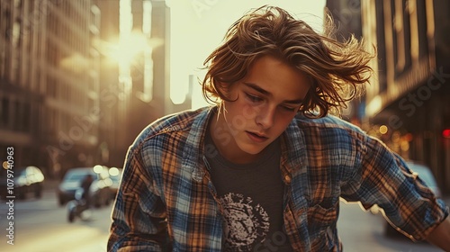 Young man with long hair looking down in an urban environment. photo