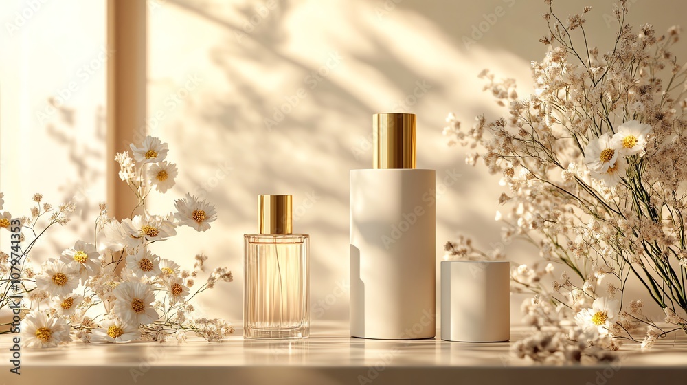 Two bottles of perfume and a candle with white flowers in a minimalist setting. Two bottles of perfume and a candle with white flowers in a minimalist setting.