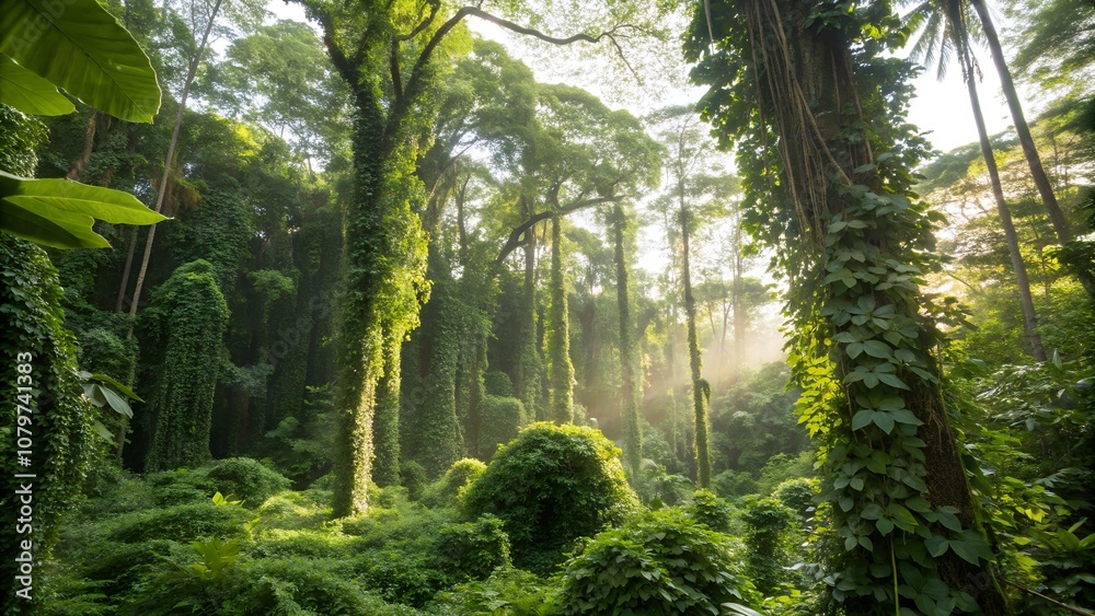 Fototapeta premium Lush Rainforest with Sunlight Filtering Through