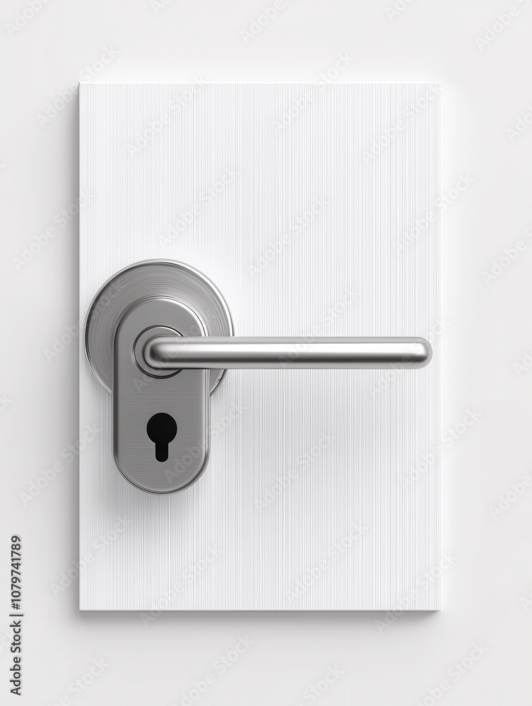 A modern door handle with a sleek design, mounted on a white, textured panel, perfect for contemporary interiors. A modern door handle with a sleek design, mounted on a white, textured panel, perfect for contemporary interiors.