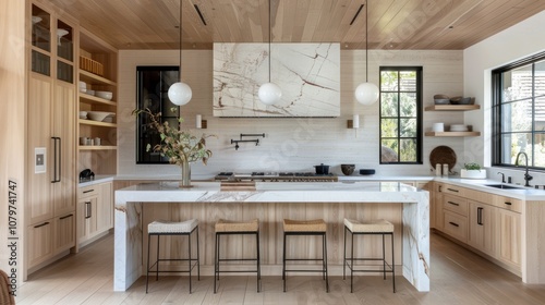 A minimalist kitchen with wood-patterned tiles, large windows allowing natural light, and smooth, elegant white walls. The clean design creates a bright and airy, sophisticated cooking space.