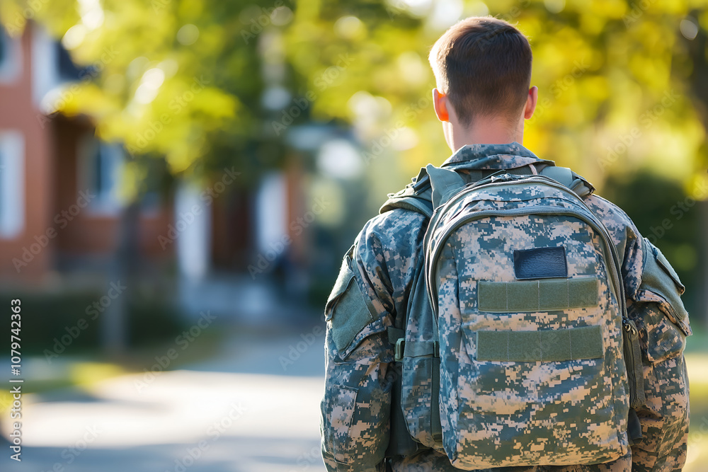 Young soldier walking to his house with luggage. American serviceman coming back home after serving in the military. Young soldier walking to his house with luggage. American serviceman coming back home after serving in the military.