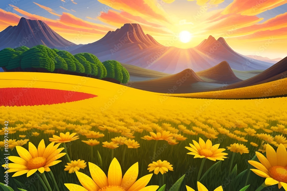 Fototapeta premium Beautiful and Peaceful Nature Scenery Illustration Landscape Countryside Tranquil Vibrant and Colorful