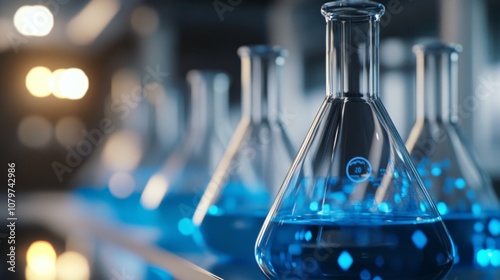 A close-up of laboratory flasks filled with vibrant blue liquid, illuminated by soft lighting, creating a scientific and experimental atmosphere.