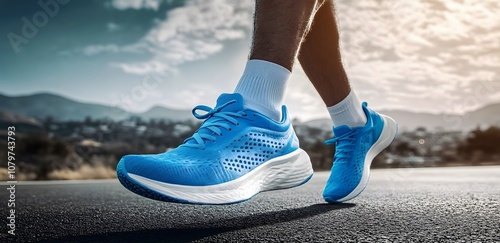 Close-up of a male runner's feet in blue shoes running on an asphalt road, side view. Close-up of a man athlete's leg with sportswear