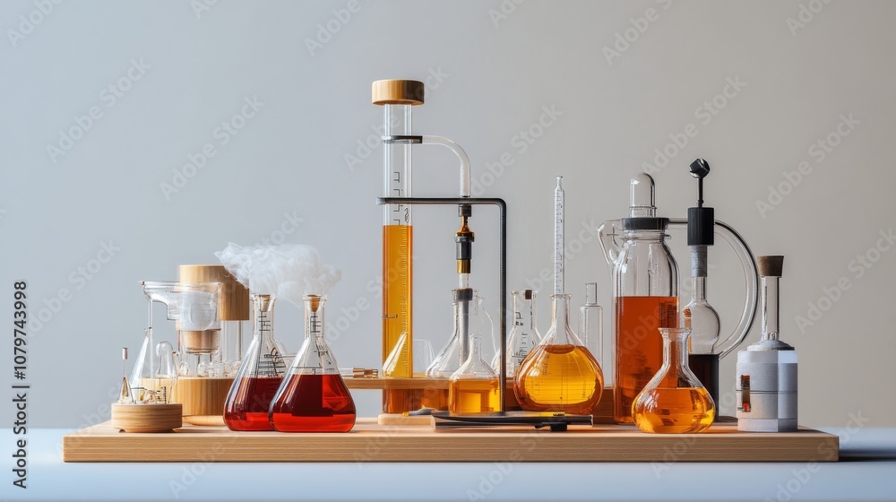 A collection of glass laboratory equipment filled with colorful liquids, showcasing scientific experimentation and chemistry.