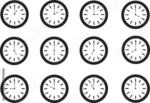 clock flat icon. clock icon vector design. round wall clock design set. clock icon set 1 to 12