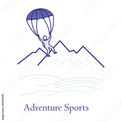 Adventure Sports Icon – Paraglider and Mountains Highlighting Thrilling Activities.