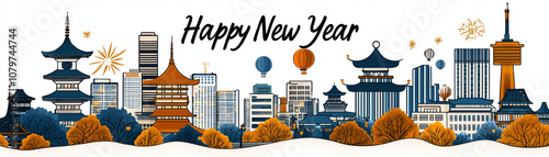 Happy New Year banner featuring vibrant city skyline with traditional and modern architecture, including pagodas and skyscrapers, adorned with festive decorations and fireworks