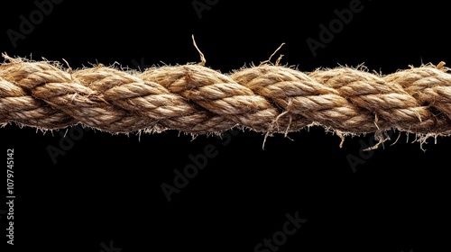 A close-up of a thick, frayed rope lying against a dark background, highlighting its intricate fraying texture and strong fibers