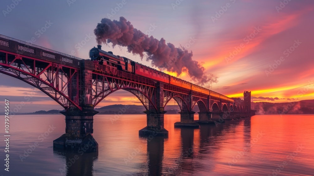 Fototapeta premium A train bridge spans across a river, bathed in the warm glow of the setting sun. The peaceful scene captures the silhouette of the structure against the soft colors of the evening sky.